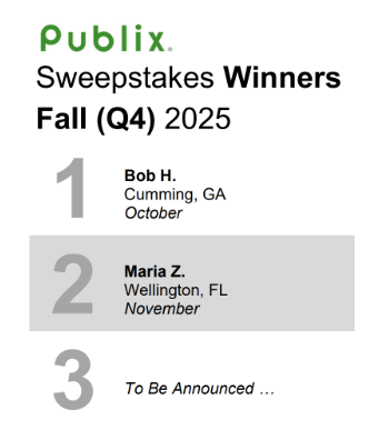 Publix Sweepstakes Winners Q4, 2025